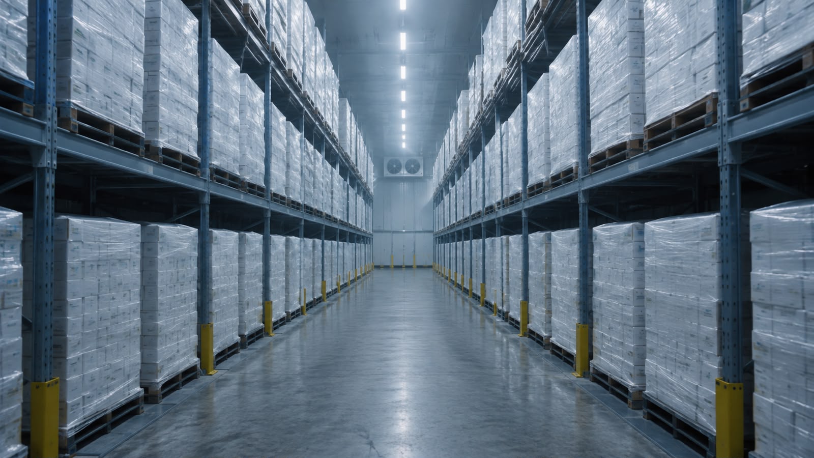 Inside a Buwadir cold chamber: racked aisles of shrink-wrapped pallets under cold white light