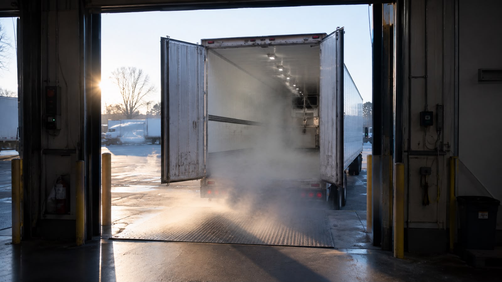 Refrigerated trailer with doors open at the dock, cold air rolling out at first light