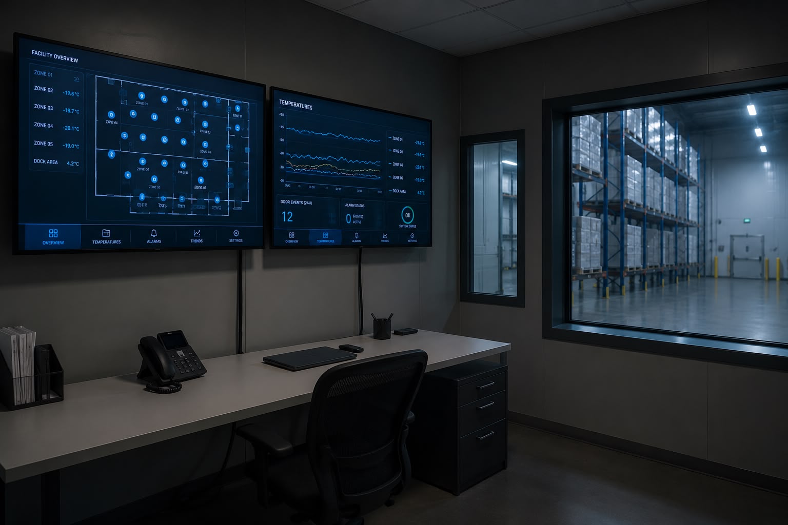 The control room: wall screens mapping every zone's temperature, beside a window onto the racked warehouse