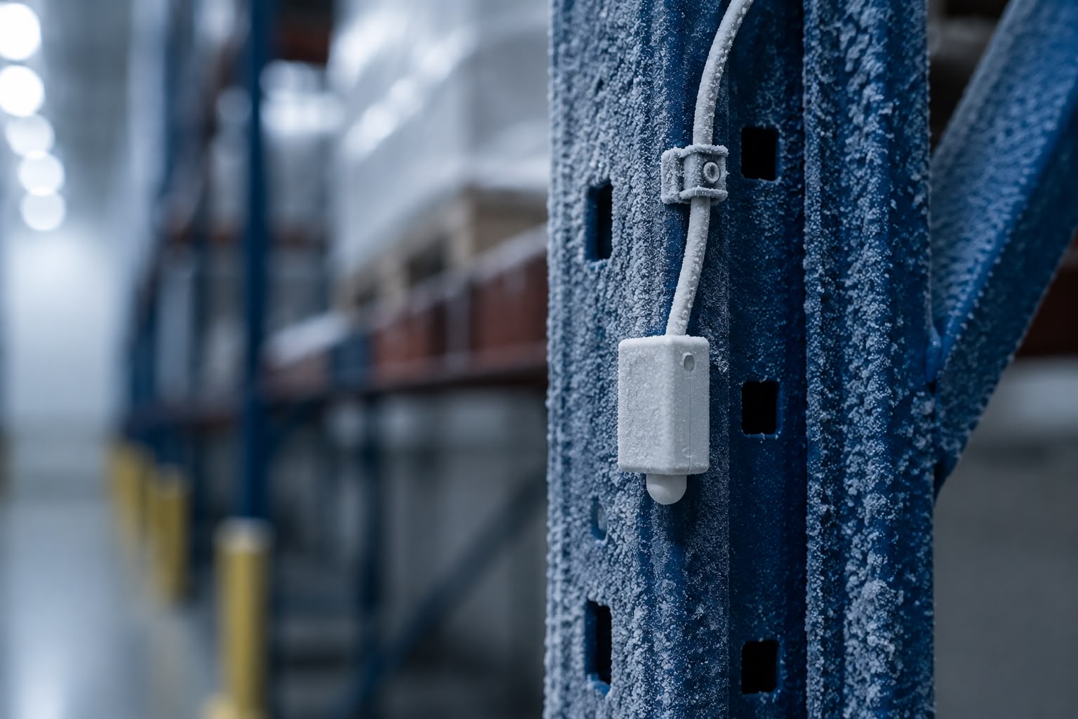 A frost-covered temperature sensor mounted on a rack upright inside a frozen chamber
