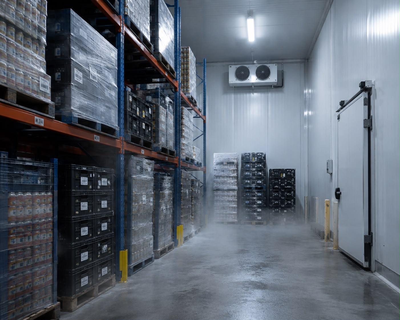 Chilled chamber: crated stock on racking in light mist, held just above freezing