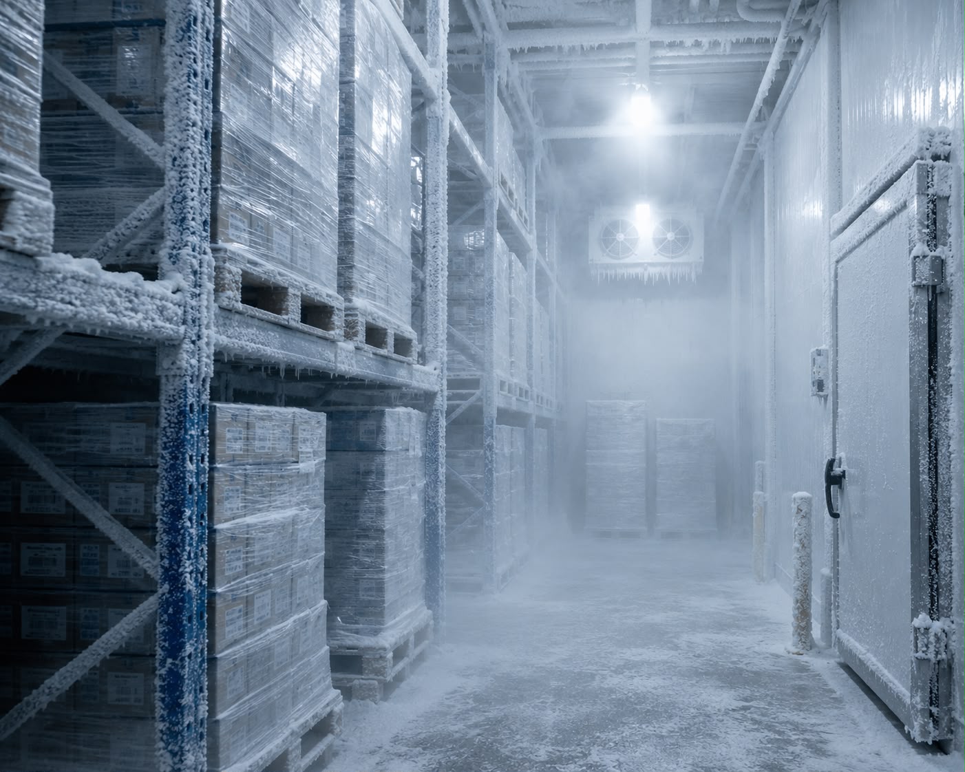 Frozen chamber: frost-covered racking and wrapped pallets in freezing air
