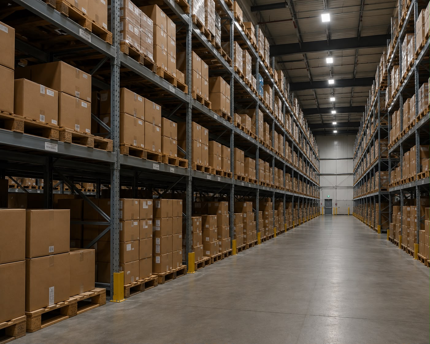 Dry storage: tall racking of boxed ambient stock down a clean aisle