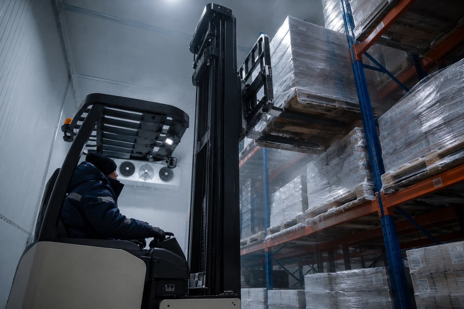 Reach truck lifting a wrapped pallet into high racking inside a cold chamber