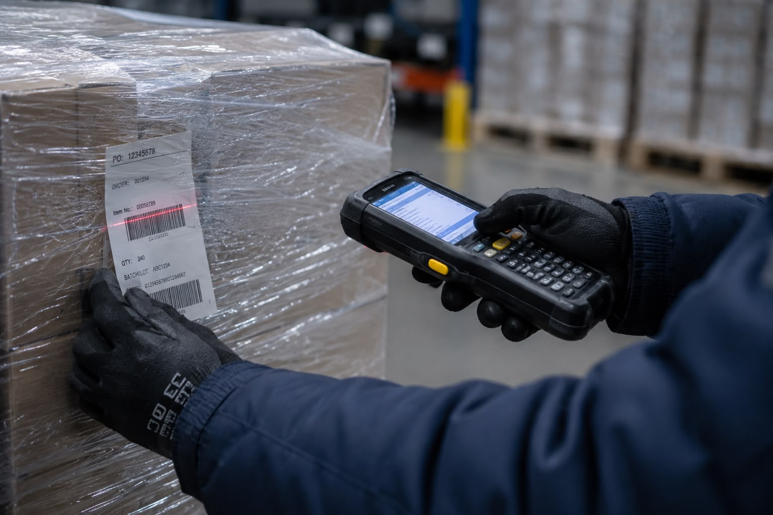 A handheld scanner reading the barcode label on an arriving pallet