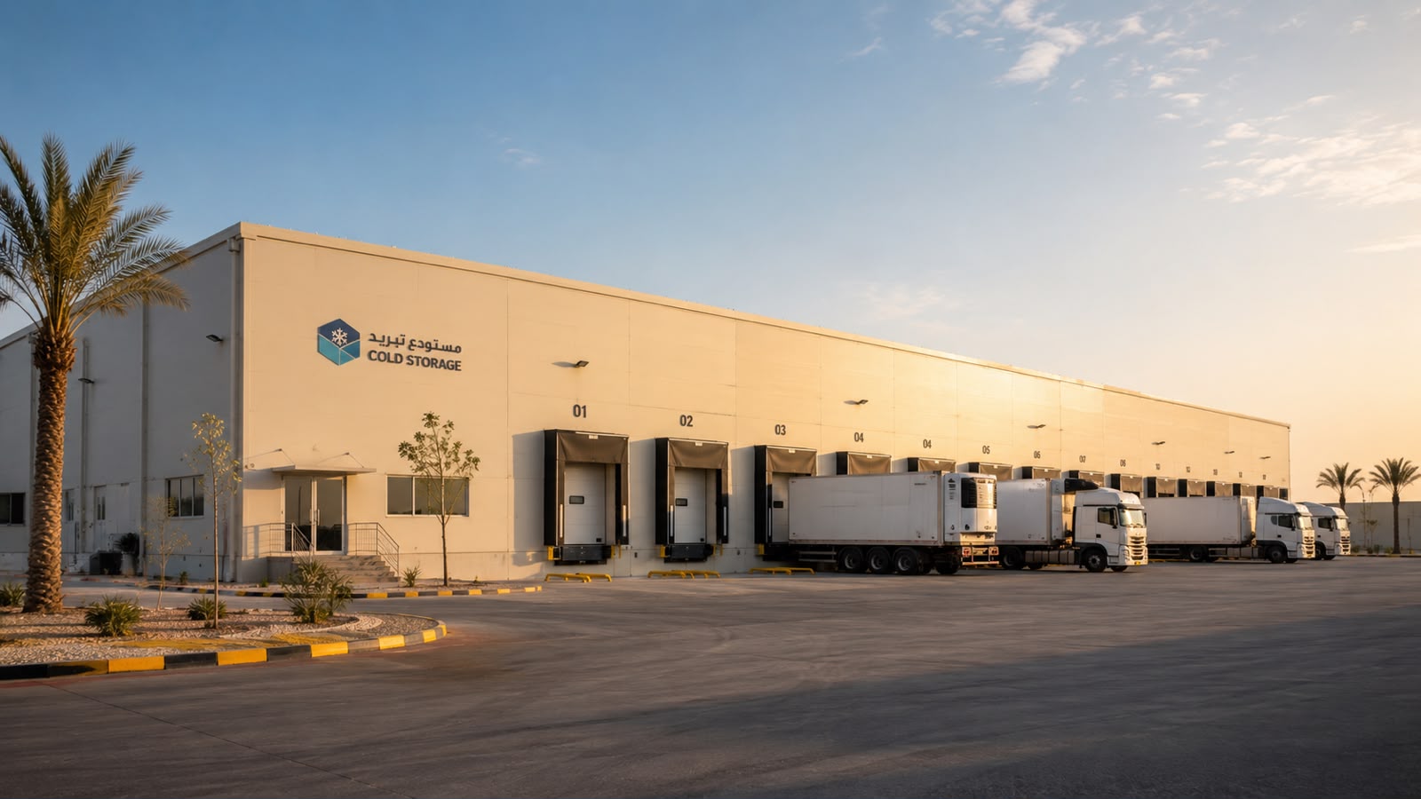 The cold storage facility at dusk: a row of numbered dock doors with refrigerated trucks waiting under palm trees